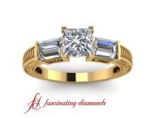 This antique diamond engagement ring features 2 tapered baguettes total weight 0.90 ct tapered baguettes are bar-channel set to frame your choice of center diamond. Available in platinum and yellow gold.